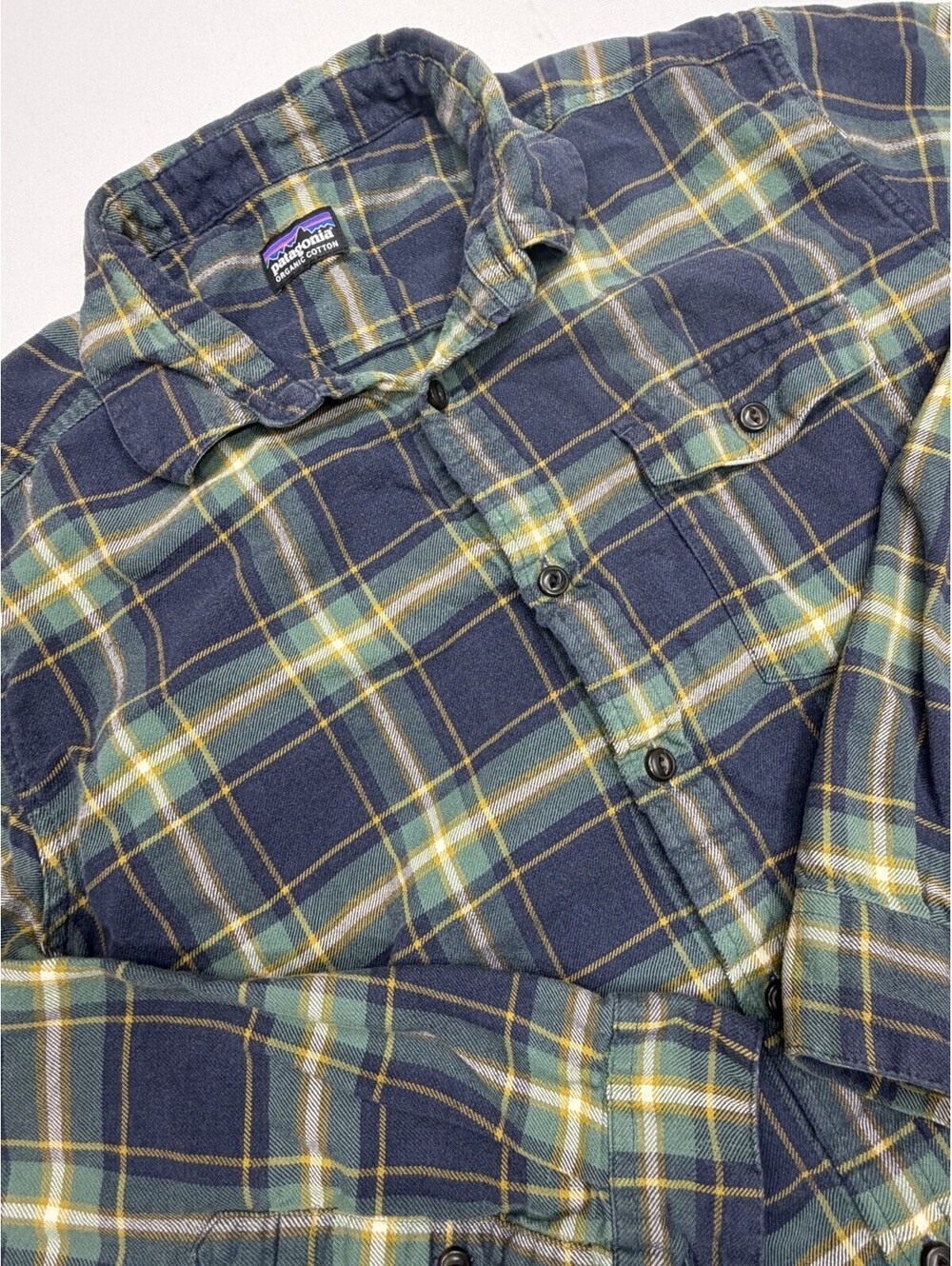 Patagonia Men's Fjord Cotton Flannel Blue/Green Plaid Shirt-Size L *flaw*